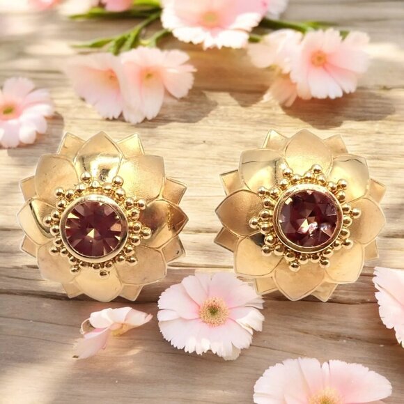 Rare! Vintage Paula Crevoshay 18k Gold Brown Zircon Round Flower Earrings OOAK - Picture 2 of 11